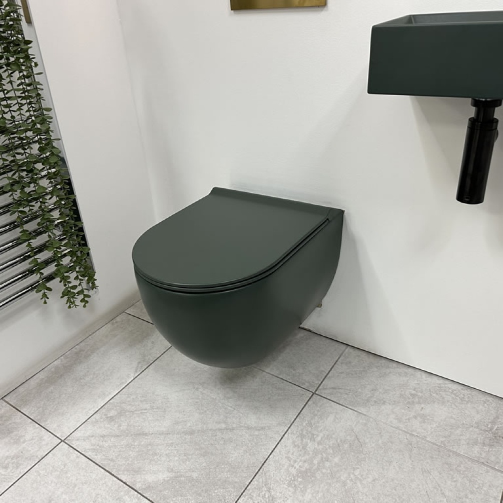 Zero 3 Matt Green Rimless Wall Hung Toilet & Soft Close Seat - Image 1